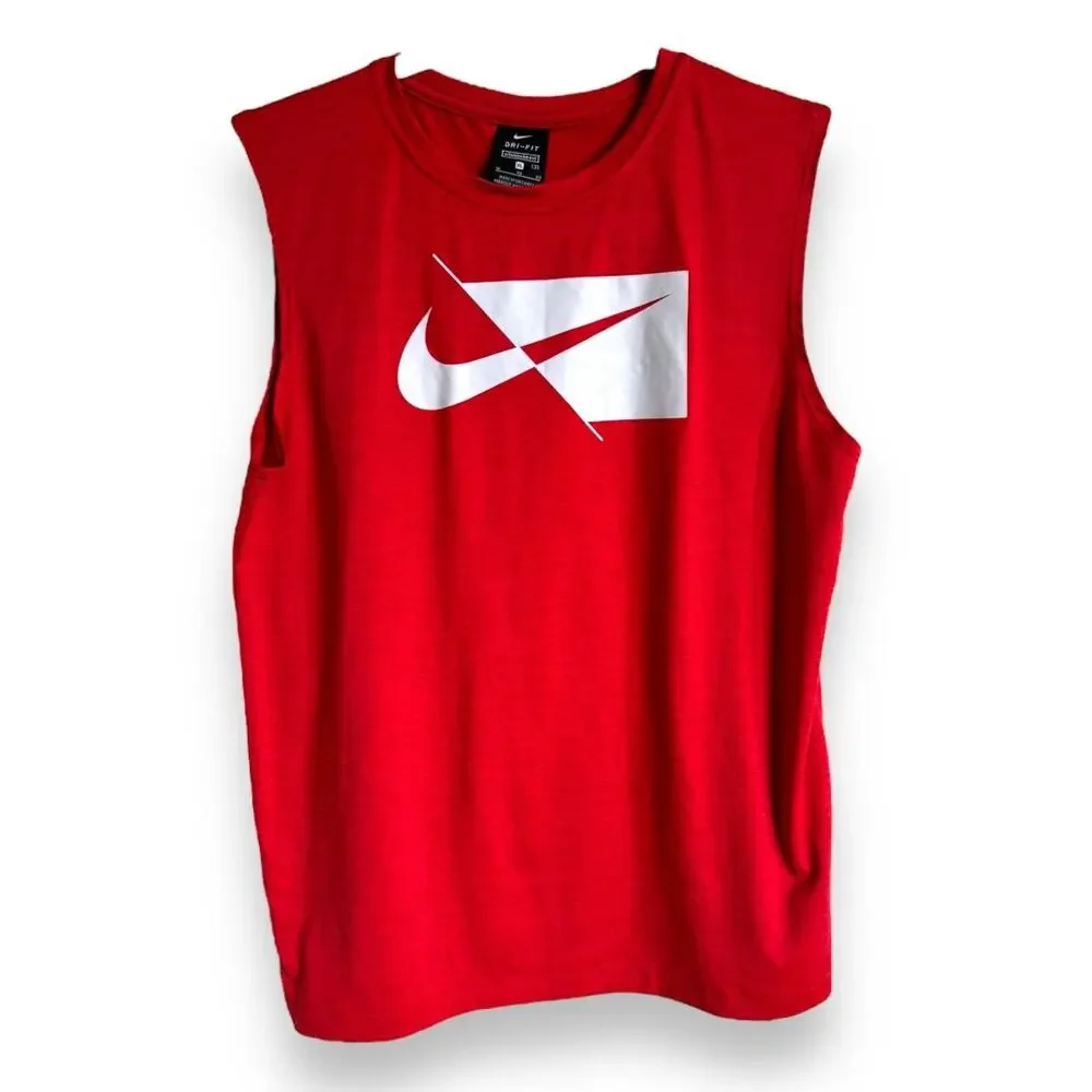 Nike Boys Tank Top Sz XL Red Muscle Screen‎ Print White Swoosh Logo Shirt